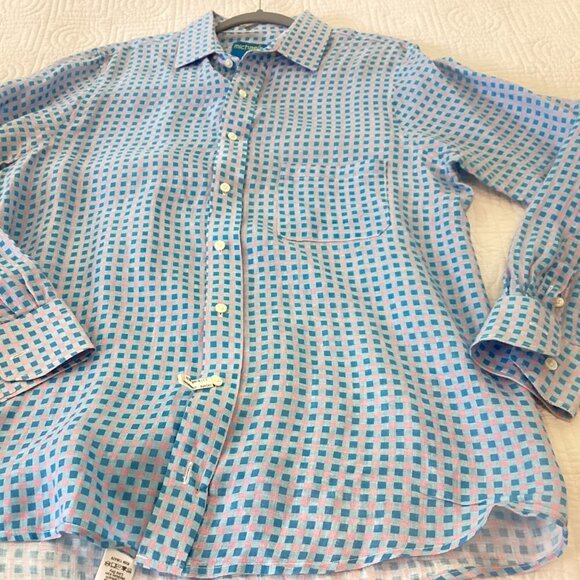 michael's Men's 100% Linen Shirt Made in USA size L pink blue check prints - Picture 11 of 11